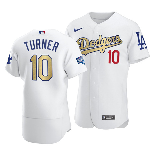 Men's Los Angeles Dodgers #10 Justin Turner White Gold 2021 World Series Champions Patch Sttiched MLB Jersey